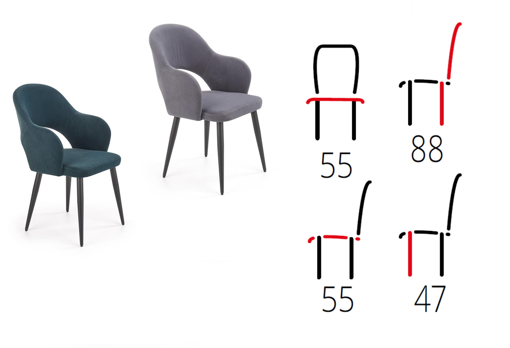 krzesło tapicerowane tkaniną aksamitną Blase, wymiary krzeseł